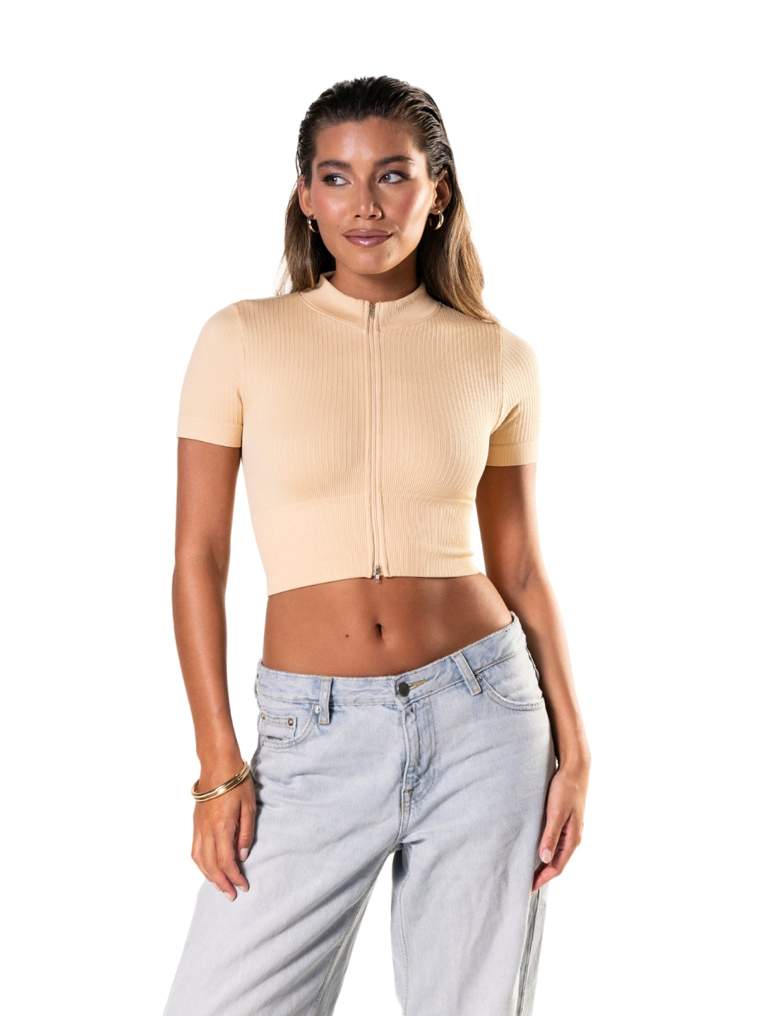 Smooth Ribbed Zip-Up Short Sleeve Crop Top