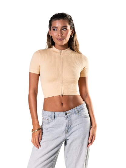 Smooth Ribbed Zip-Up Short Sleeve Crop Top