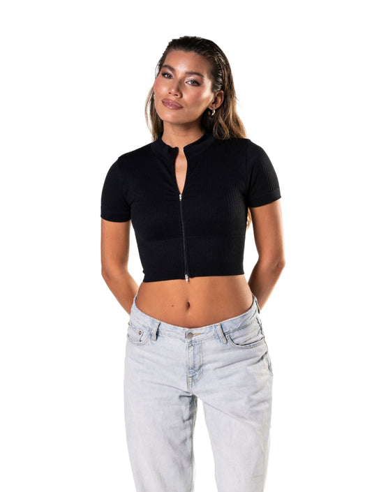 Smooth Ribbed Zip-Up Short Sleeve Crop Top