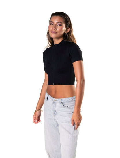 Smooth Ribbed Zip-Up Short Sleeve Crop Top