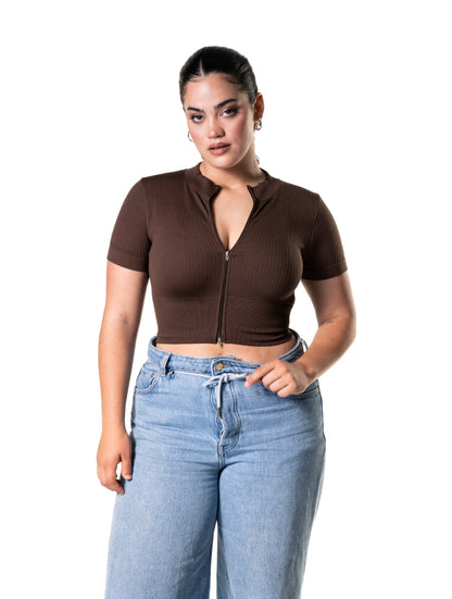 Smooth Ribbed Zip-Up Short Sleeve Crop Top