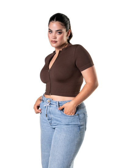 Smooth Ribbed Zip-Up Short Sleeve Crop Top