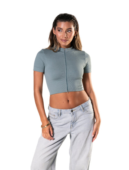 Smooth Ribbed Zip-Up Short Sleeve Crop Top