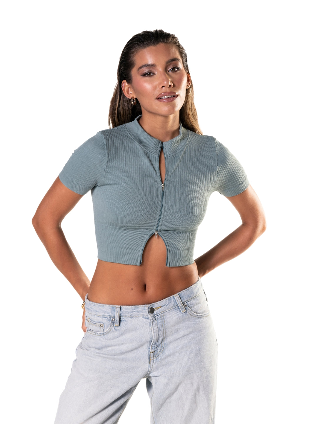Smooth Ribbed Zip-Up Short Sleeve Crop Top
