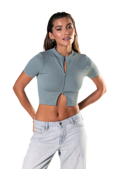 Smooth Ribbed Zip-Up Short Sleeve Crop Top